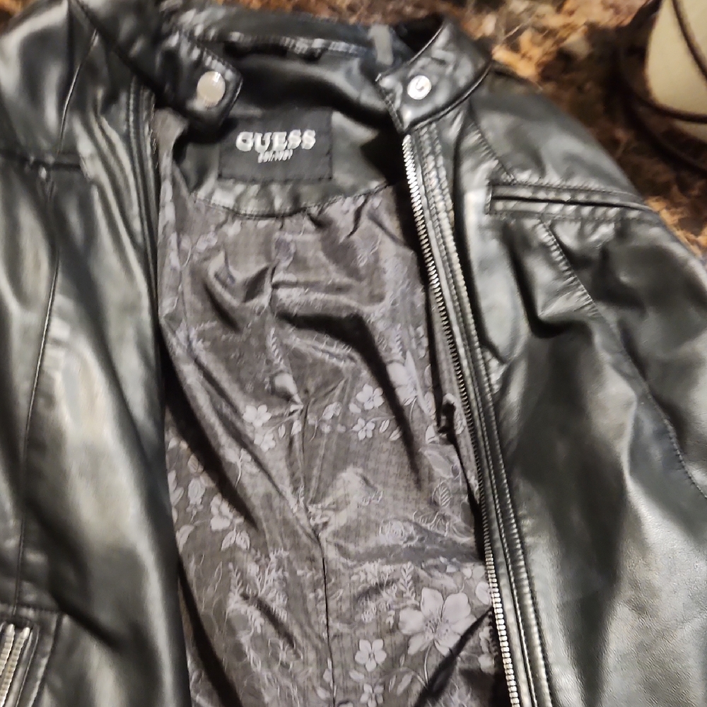 Guess Black Leather Jacket with Floral Lining